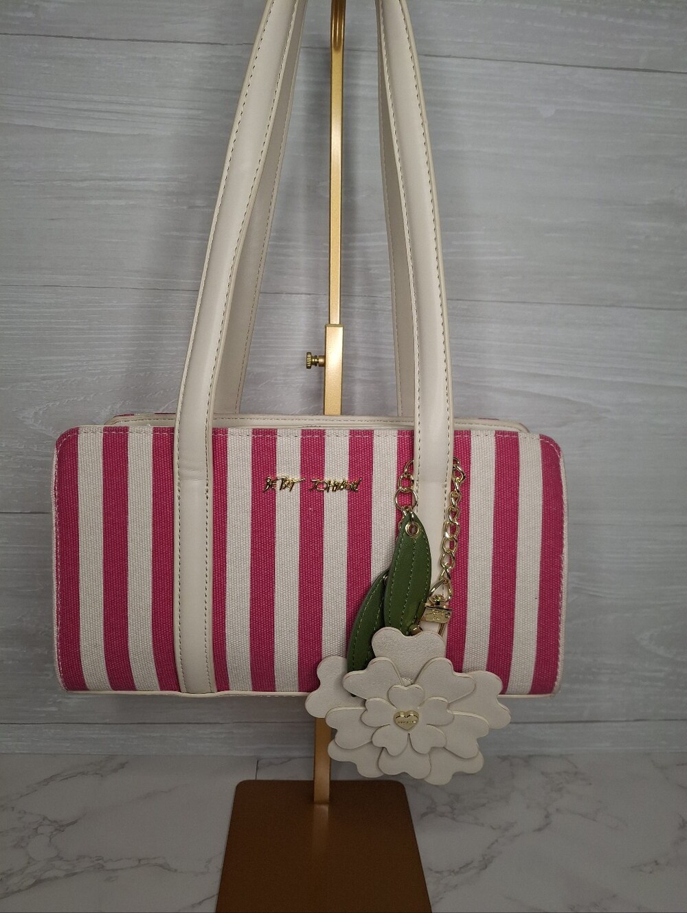 Betsey Johnson Pink Striped Barrel Shoulder Bag with Flower Charm NWOT